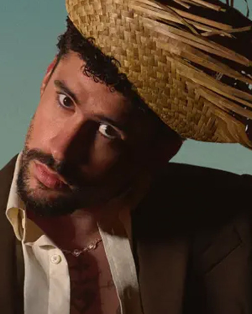 Bad Bunny wears a custom Desert Diamond necklace to confirm 2026 Super Bowl Halftime show