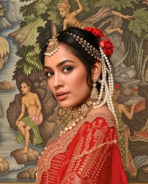 Woman in a red and gold saree stands before a traditional mythological painting.
