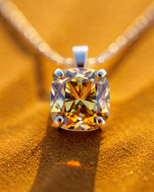 A cushion-cut Ochre Desert diamond pendant in a white gold setting, glowing with golden-brown tones against a warm sandy backdrop.